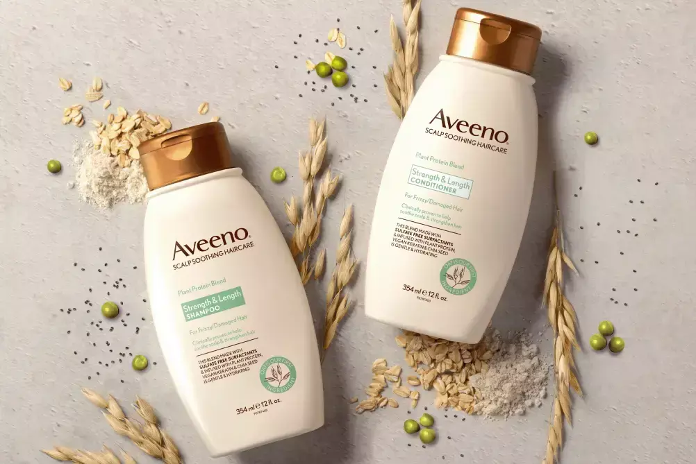 Aveeno® Strength & Length Plant Protein Blend haircare set to keep hair growing strong with fizz control 
